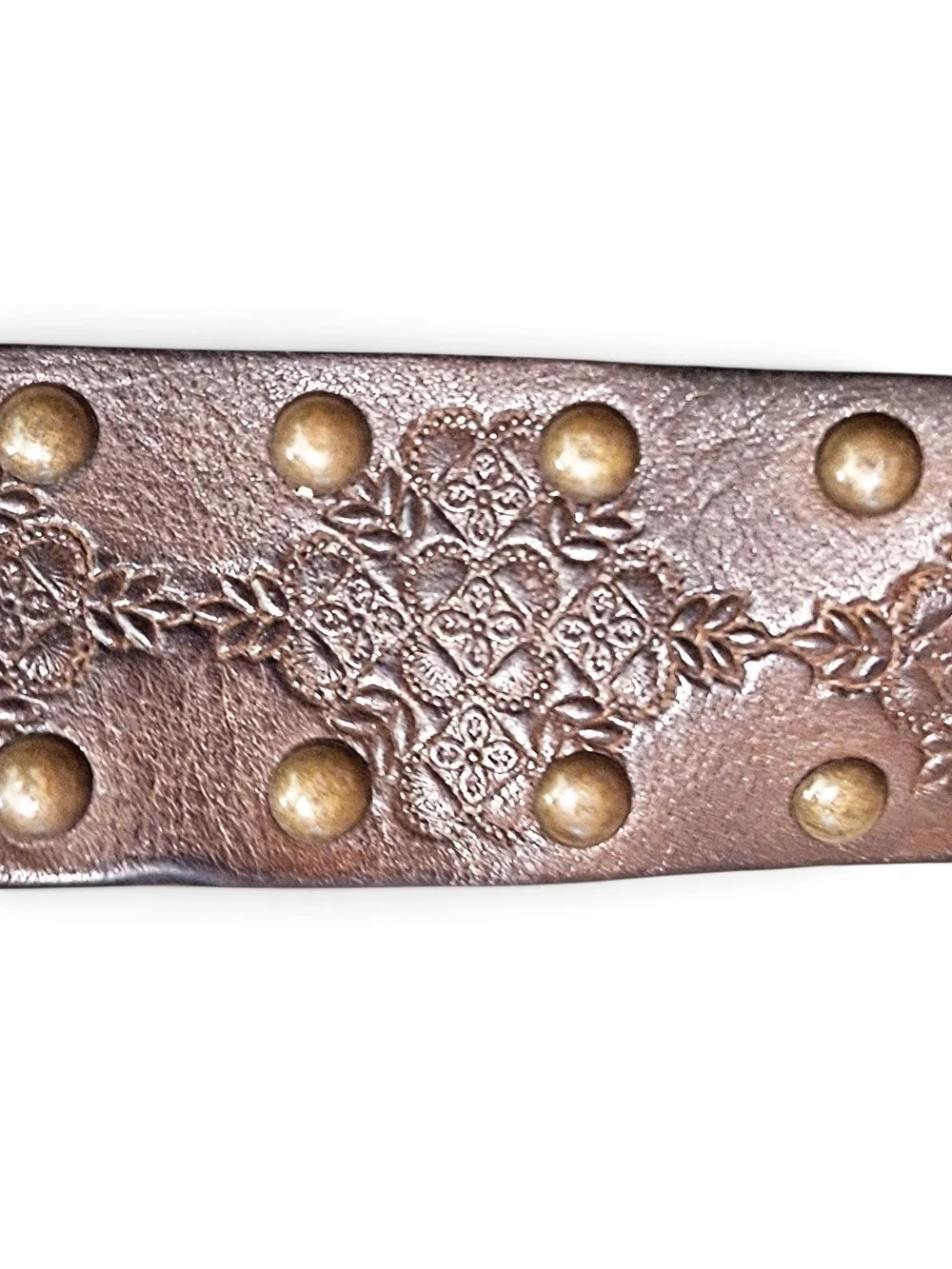 Fossil Embossed Studded Leather Belt - Brown with Brass Studs